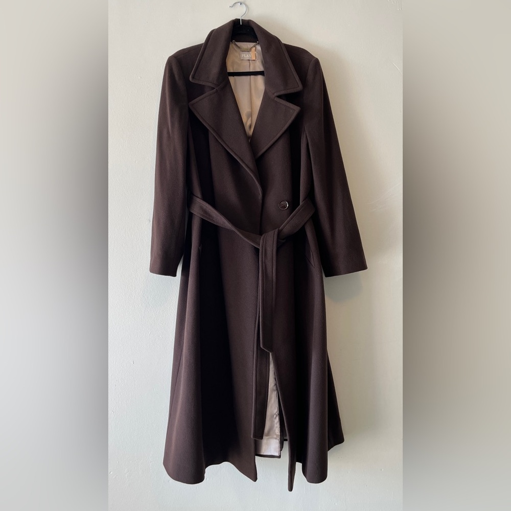 Chocolate Brown Wool & Cashmere Vintage Long Belted Wrap Coat Sz 16 Fall Casual